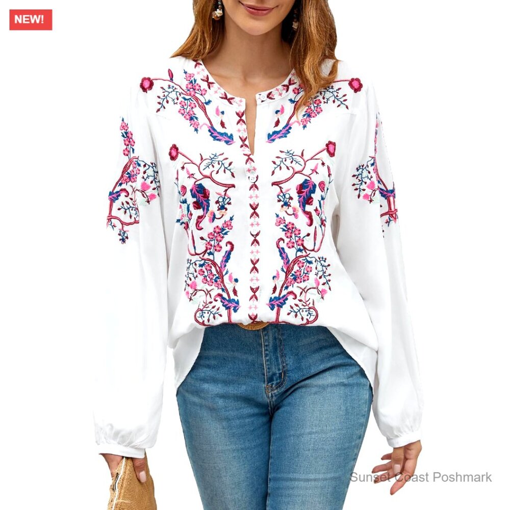 Embroidered Peasant Tunic Blouse Long Sleeve Loose Casual Top